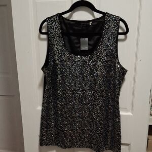 Tahari Black Iridescent Sequin Scoop Neck Tank